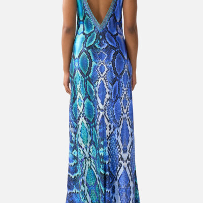 CAMILLA V Neck Full Length Bias Slip Dress the Sapphire Serpent - Image 2