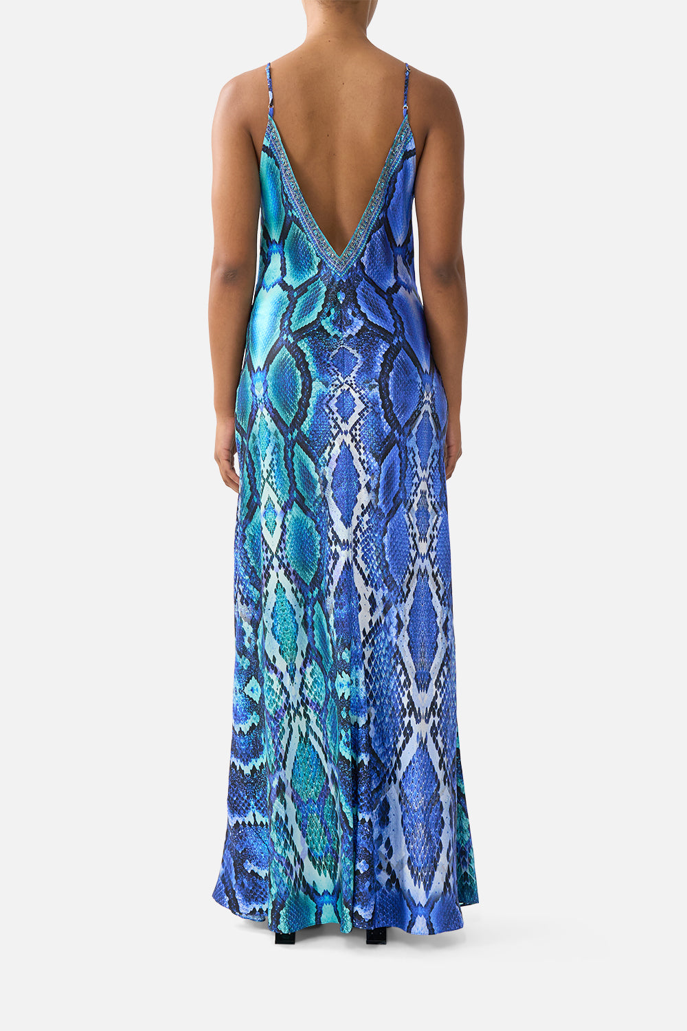 CAMILLA V Neck Full Length Bias Slip Dress the Sapphire Serpent - Image 2