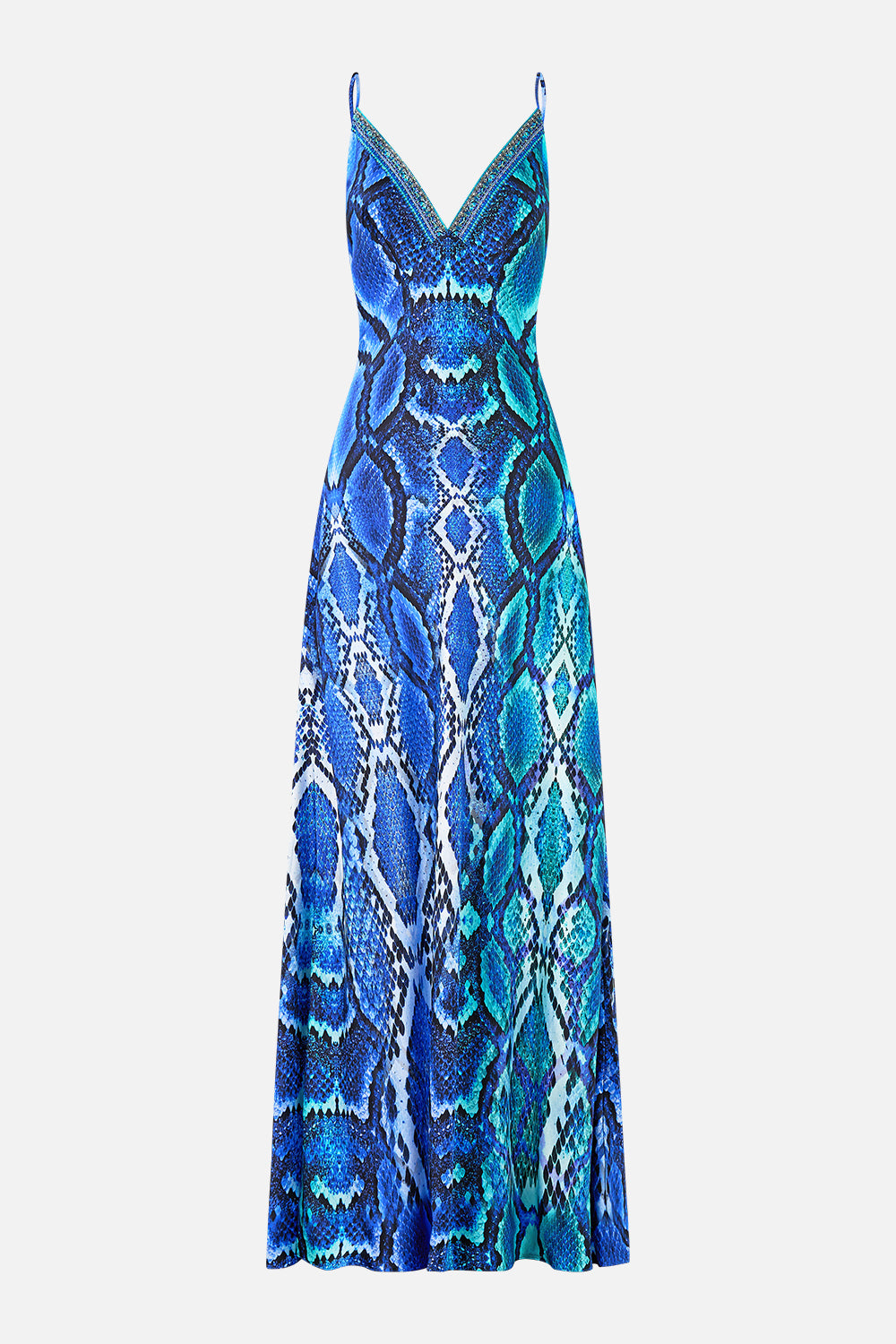 CAMILLA V Neck Full Length Bias Slip Dress the Sapphire Serpent - Image 3