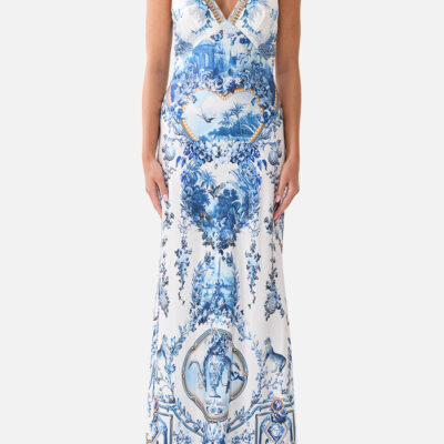 CAMILLA V Neck Full Length Bias Slip Dress the Porcelain Parlour - Image 1