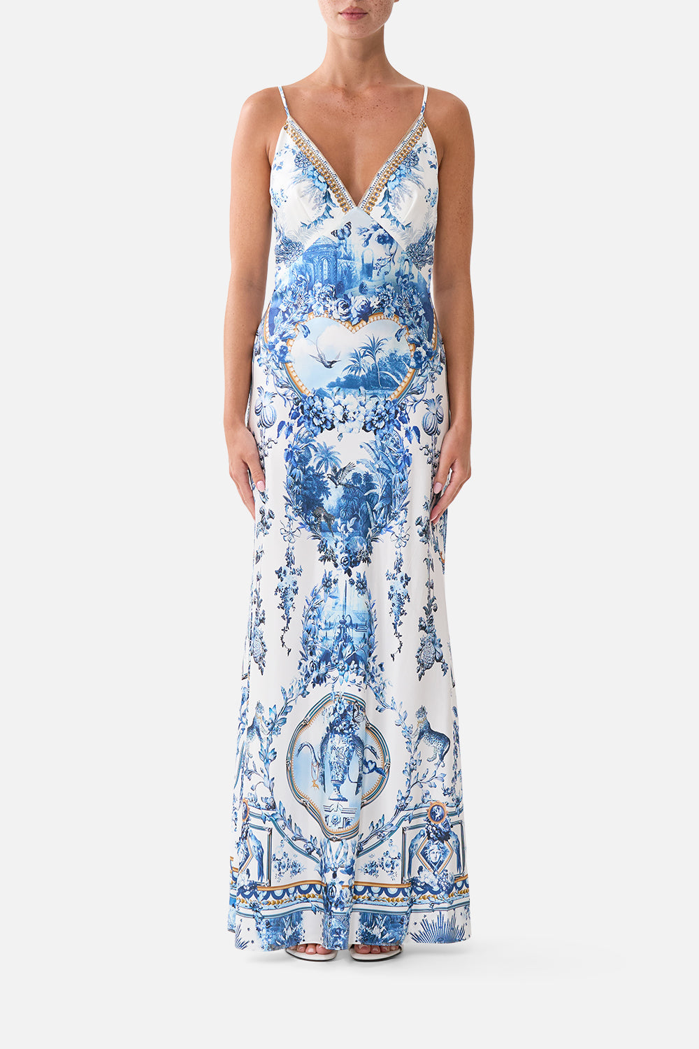 CAMILLA V Neck Full Length Bias Slip Dress the Porcelain Parlour - Image 1
