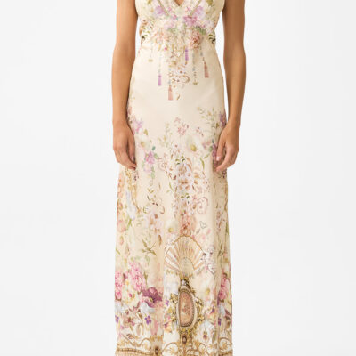 CAMILLA V Neck Full Length Bias Slip Dress Adorned - Image 1