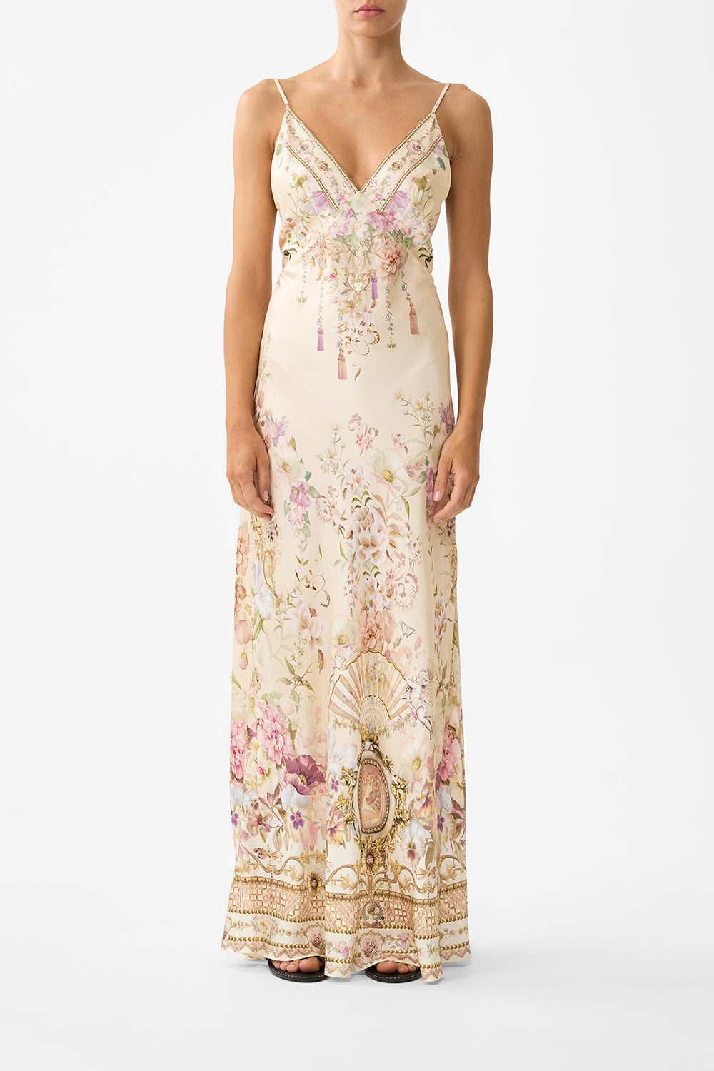 CAMILLA V Neck Full Length Bias Slip Dress Adorned - Image 1