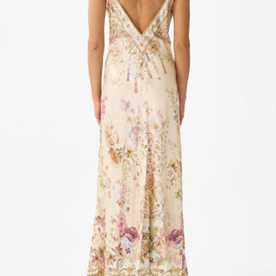 CAMILLA V Neck Full Length Bias Slip Dress Adorned - Image 2
