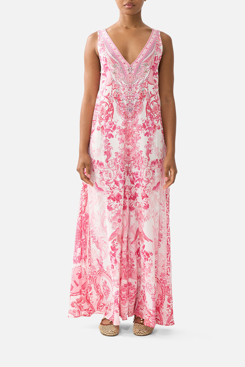 CAMILLA V Neck Flared Jumpsuit Livin LA Vida Rosa - Image 1