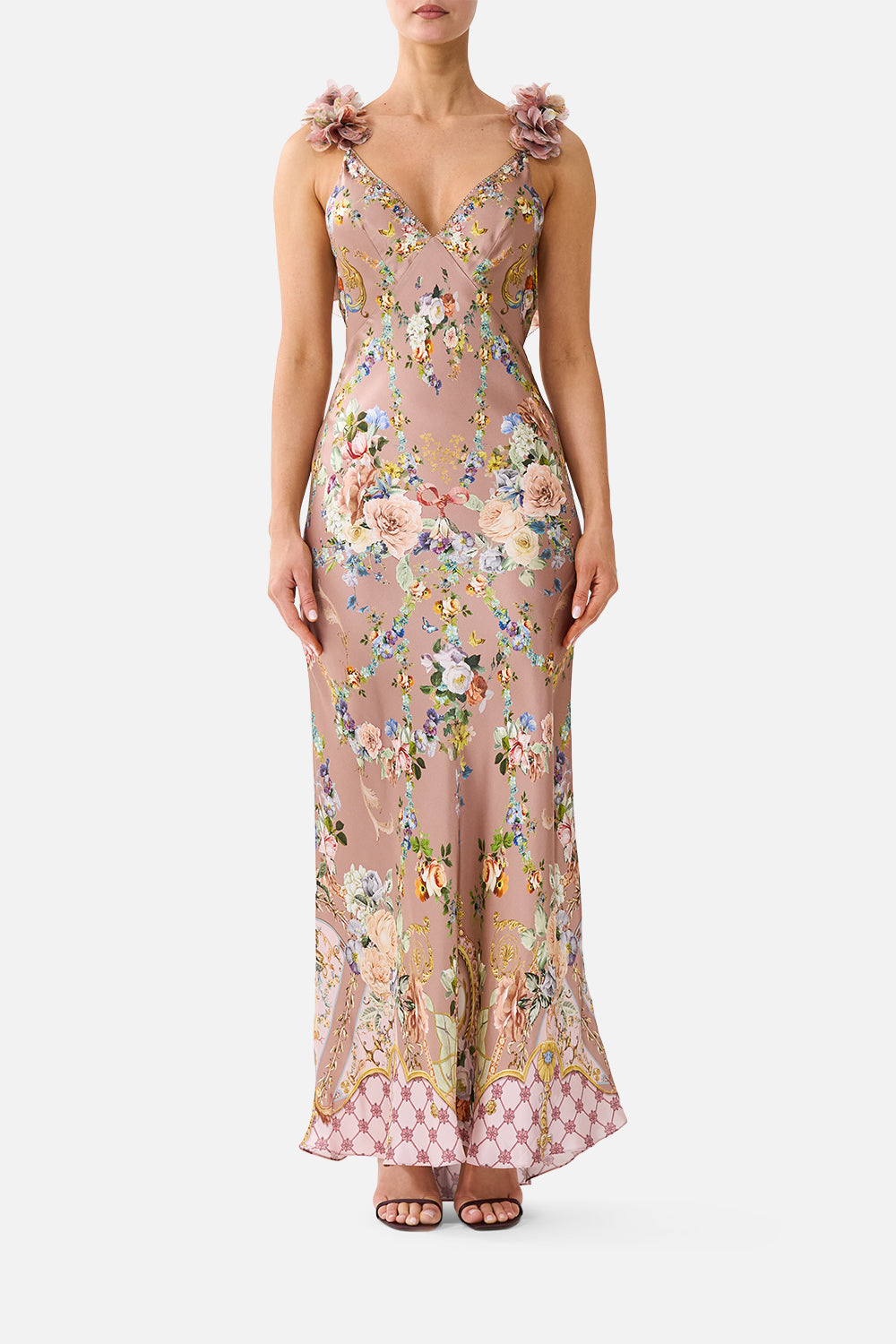 CAMILLA V Neck Bias Slip Dress With Back Frill Chamber OF Blooms - Image 1