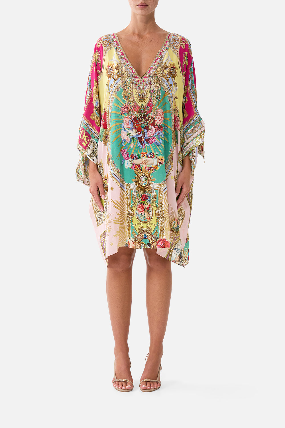 CAMILLA Tie Sleeve Short V Neck Kaftan Painted Prayers - Image 1