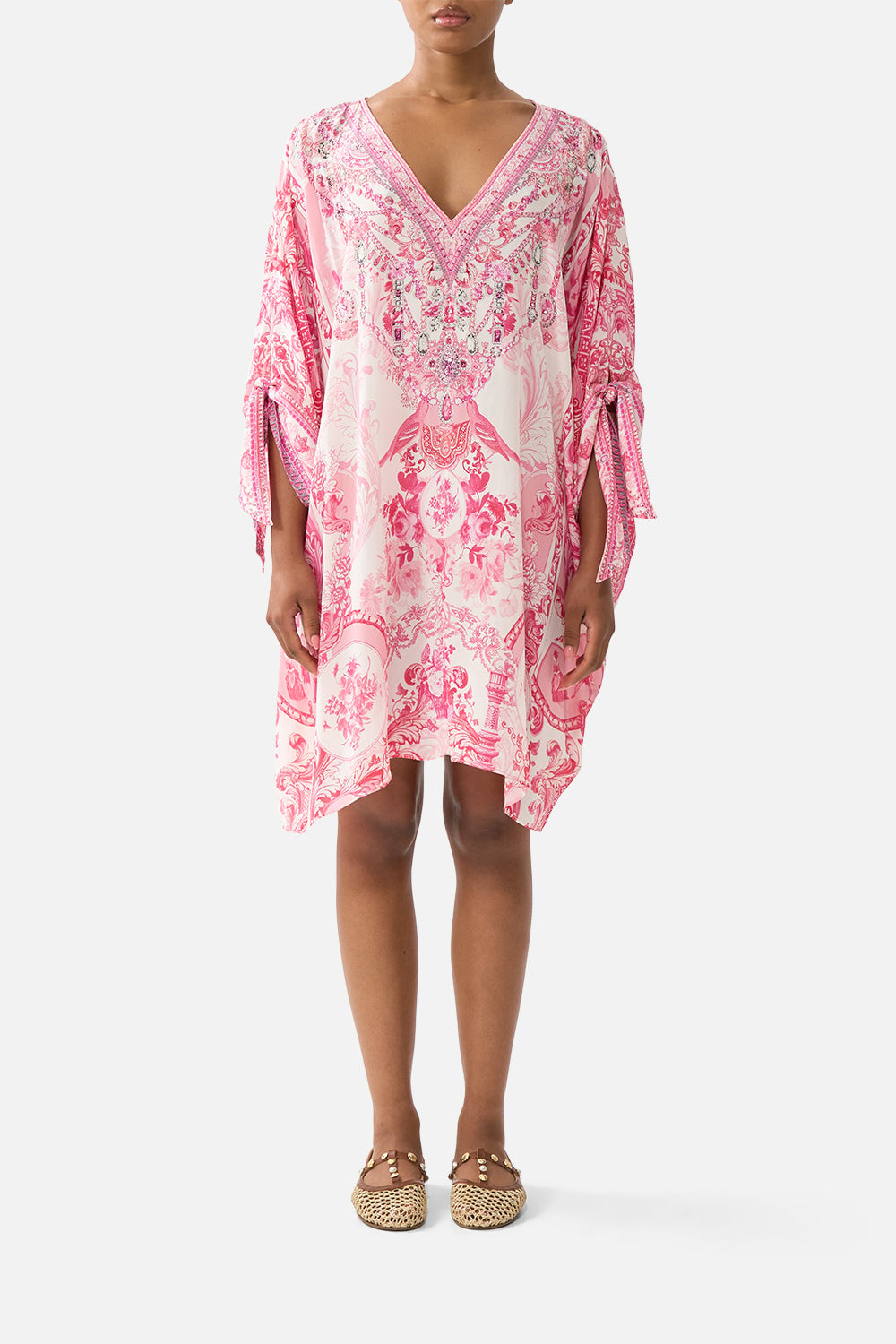 CAMILLA Tie Sleeve Short V Neck Kaftan Livin LA Vida Rosa - Image 1