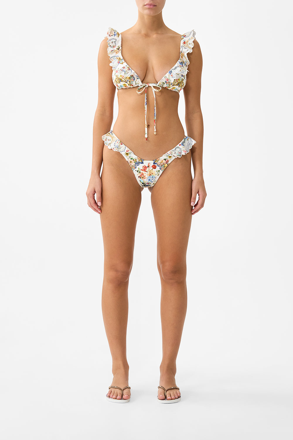 CAMILLA Tie Front Tri Bikini Top With Frill Neck the Pottery Parlour - Image 1