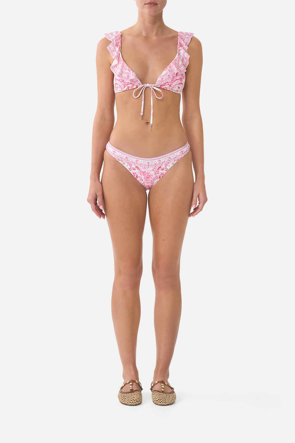 CAMILLA Tie Front Tri Bikini Top With Frill Neck Livin LA Vida Rosa - Image 1