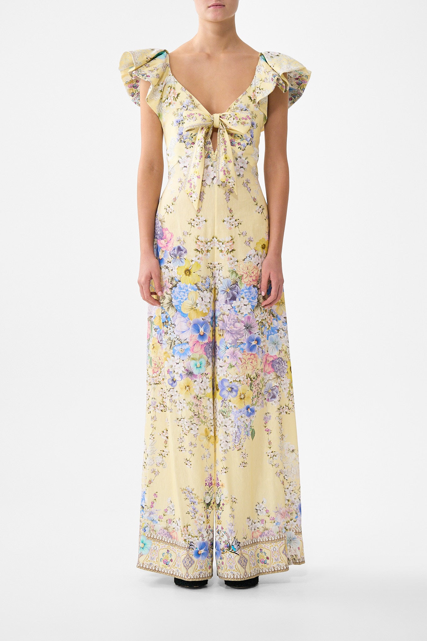CAMILLA Tie Front Frill Sleeve Jumpsuit Darling Buds - Image 1