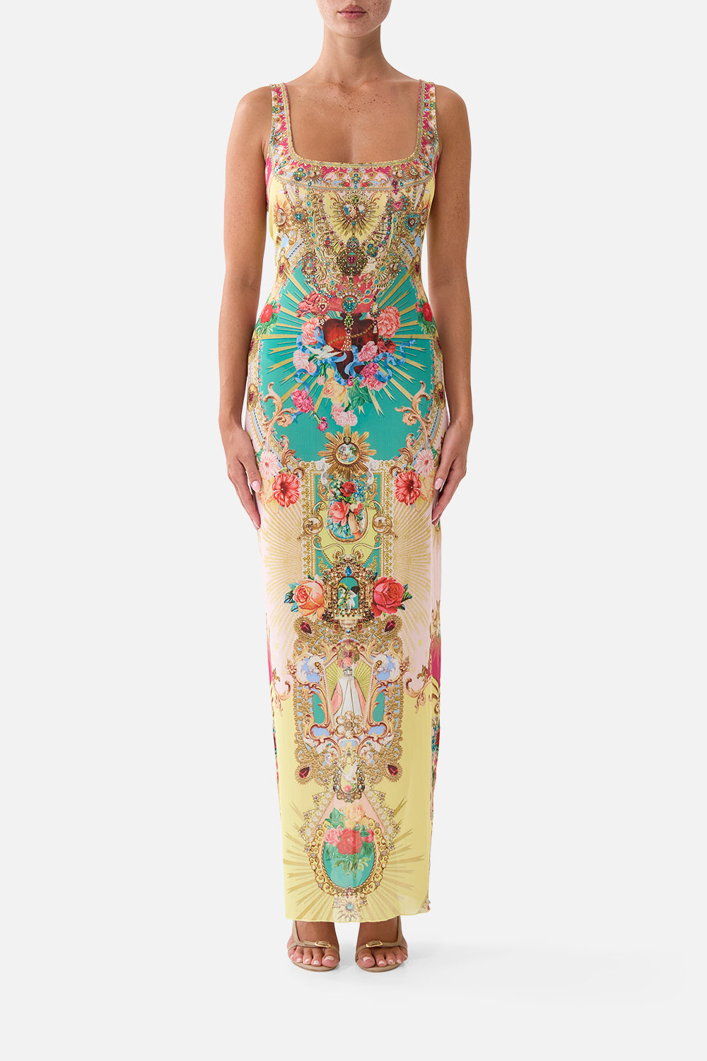 CAMILLA Square Neck Beach Maxi Dress With Low Back Painted Prayers - Image 1