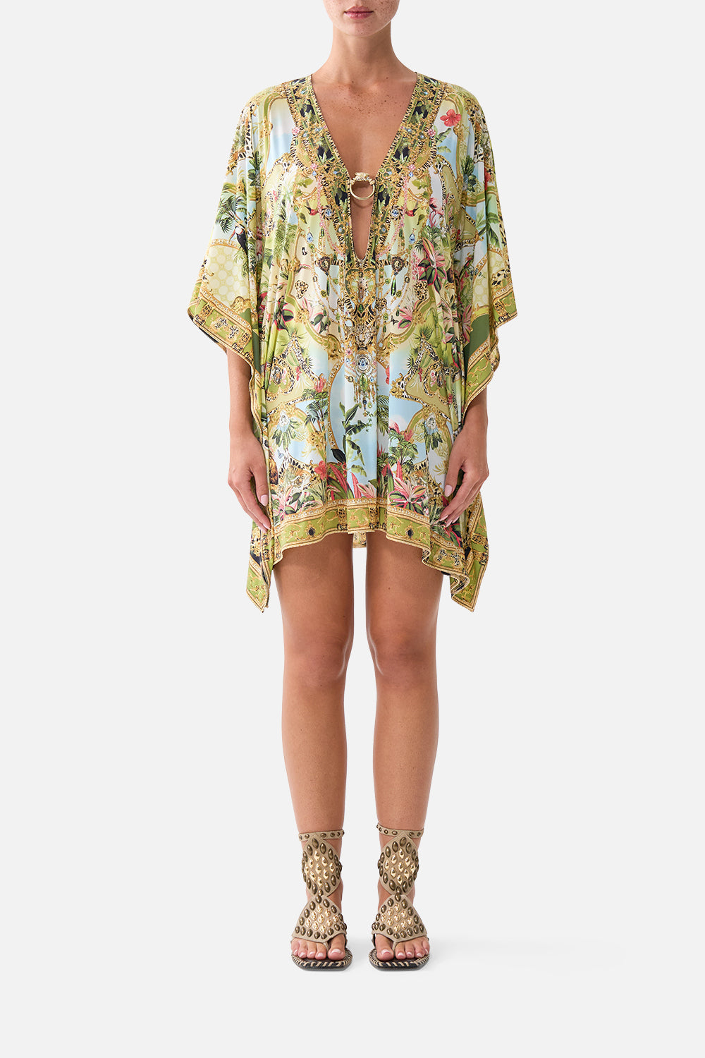 CAMILLA Short V Neck Kaftan W Ring Front Trim Wanderlust Empire - Image 1