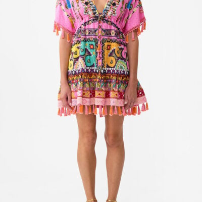 CAMILLA Short V Neck Embroidered Dress Patchwork Panorama - Image 1