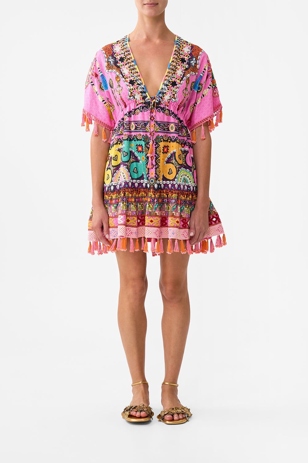 CAMILLA Short V Neck Embroidered Dress Patchwork Panorama - Image 1