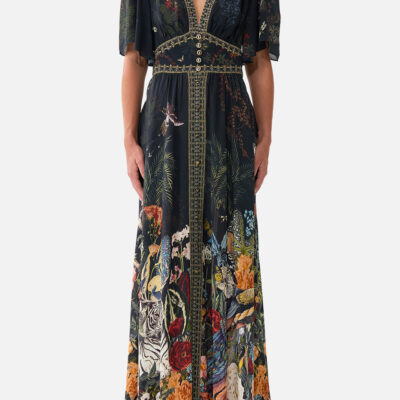 CAMILLA Shaped Waistband Dress With Flutter Sleeves Palace Zoology - Image 1
