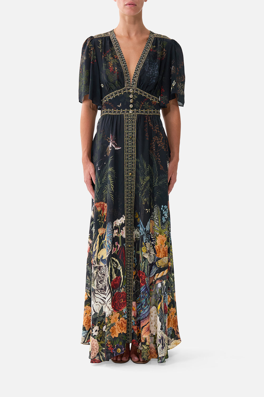 CAMILLA Shaped Waistband Dress With Flutter Sleeves Palace Zoology - Image 1