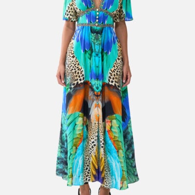 CAMILLA Shaped Waistband Dress With Flutter Sleeves Jungle Flight - Image 1
