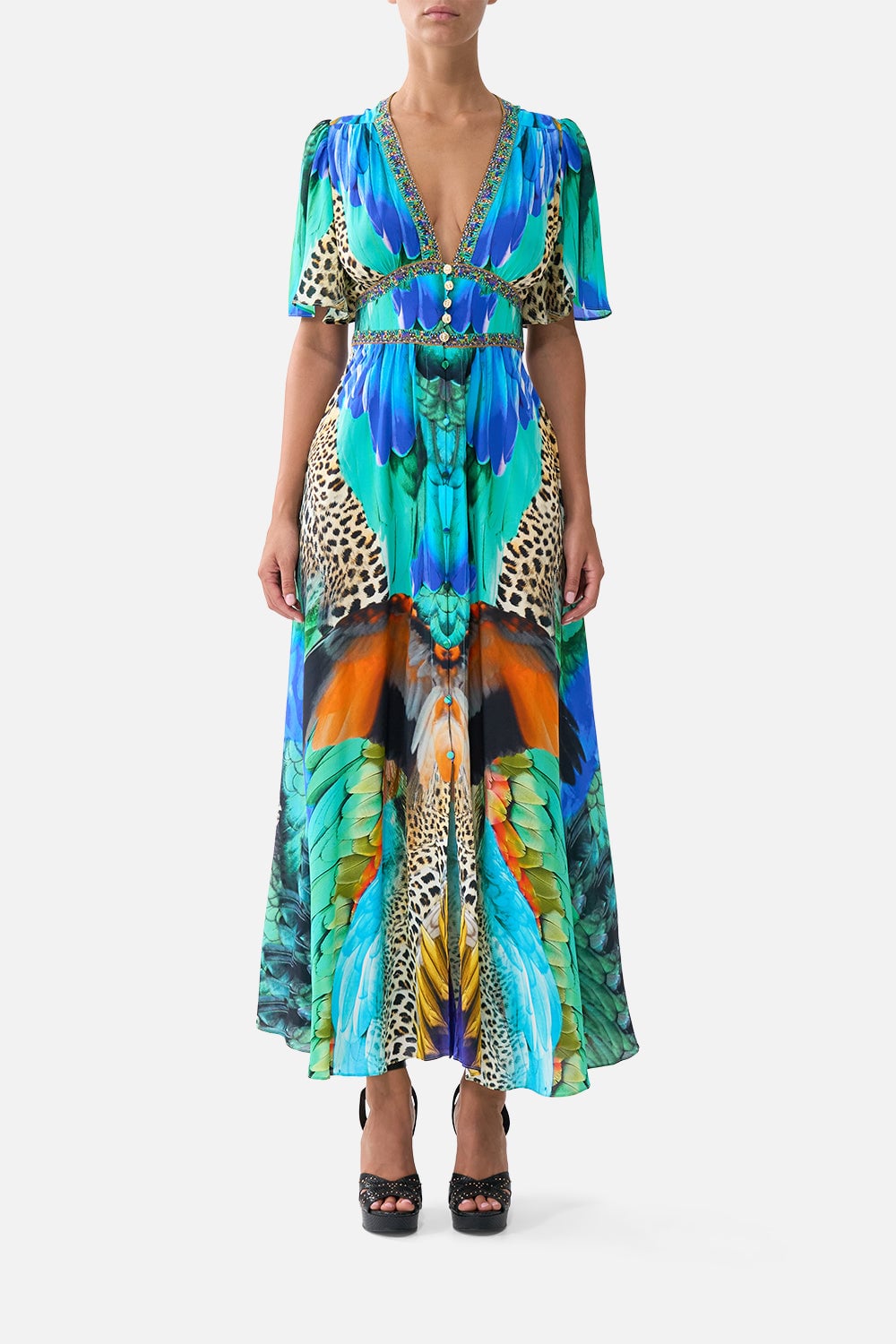 CAMILLA Shaped Waistband Dress With Flutter Sleeves Jungle Flight - Image 1