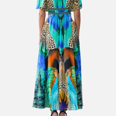 CAMILLA Shaped Waistband Dress With Flutter Sleeves Jungle Flight - Image 2