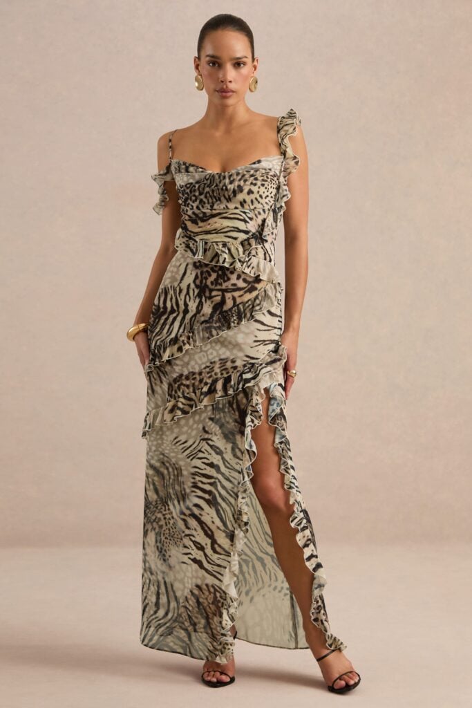 Club L London Zabelle | Brown Animal Print Chiffon Cowl Maxi Dress With Ruffled Detailing - Image 1