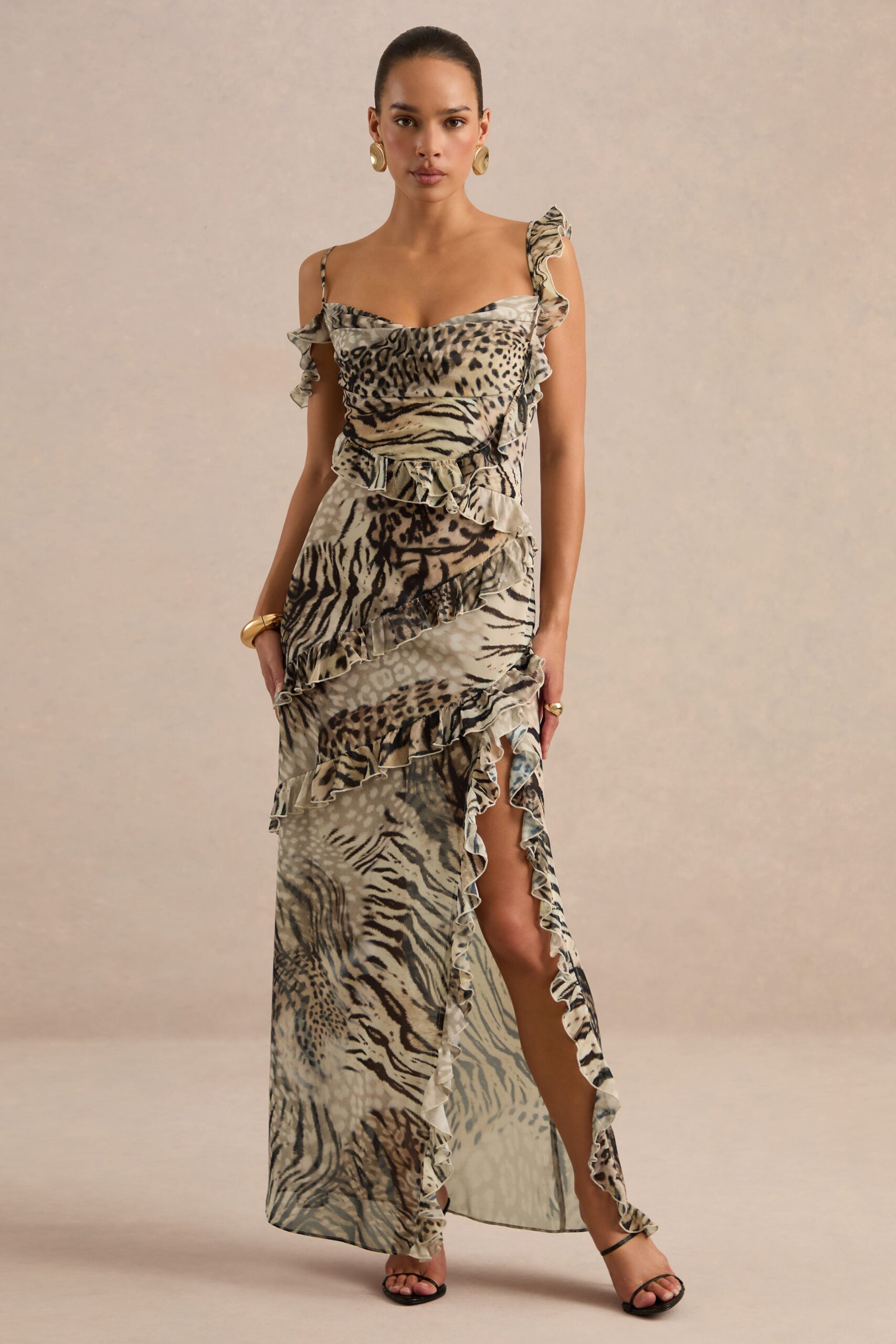 Club L London Zabelle | Brown Animal Print Chiffon Cowl Maxi Dress With Ruffled Detailing - Image 1