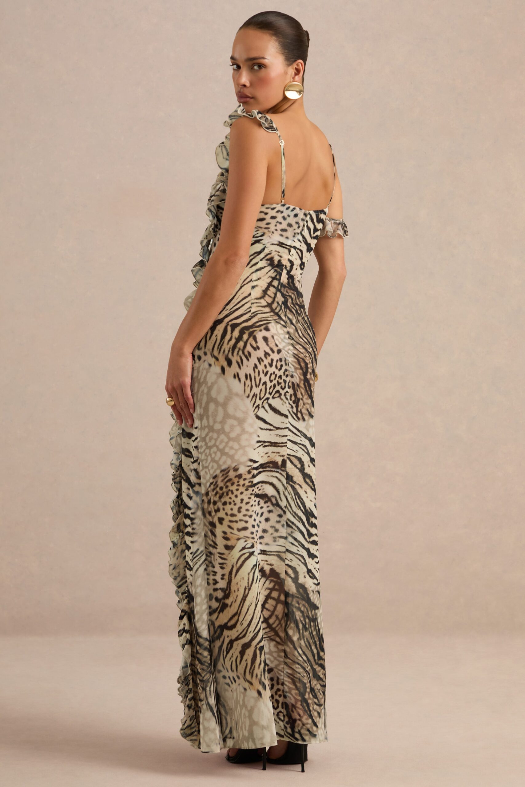 Club L London Zabelle | Brown Animal Print Chiffon Cowl Maxi Dress With Ruffled Detailing - Image 2