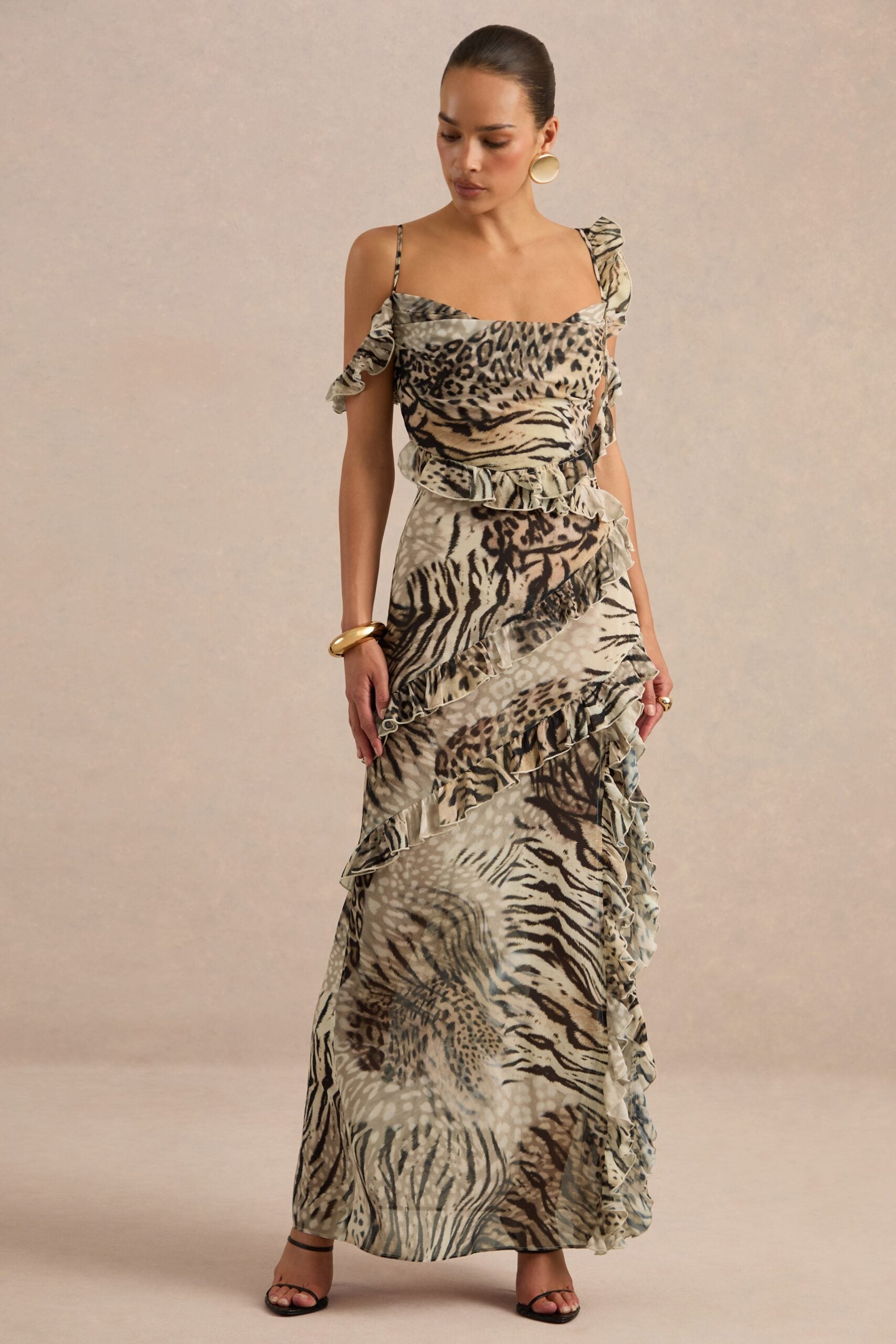 Club L London Zabelle | Brown Animal Print Chiffon Cowl Maxi Dress With Ruffled Detailing - Image 3
