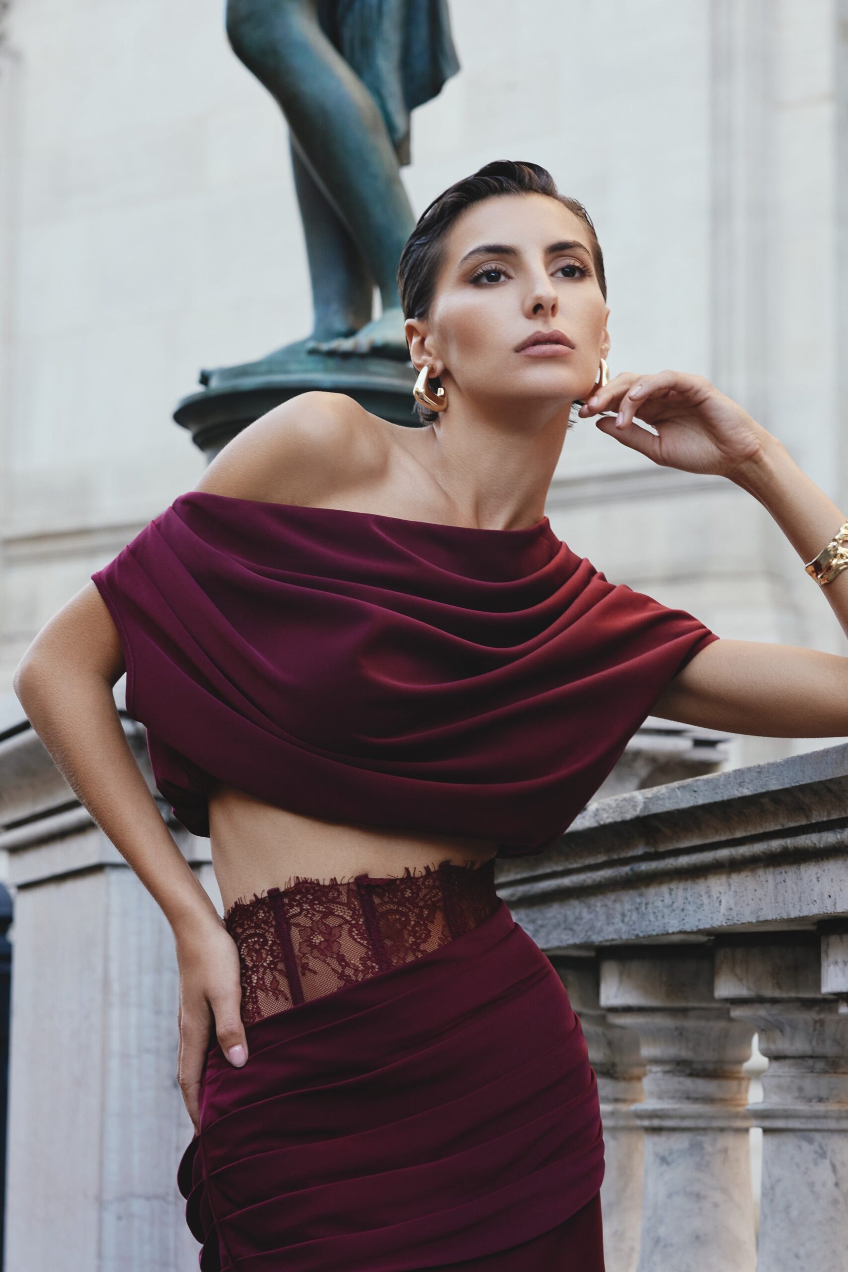 Club L London Yaselle | Burgundy Satin One Shoulder Short Sleeve Top With Draped Detailing And Tie Back - Image 1