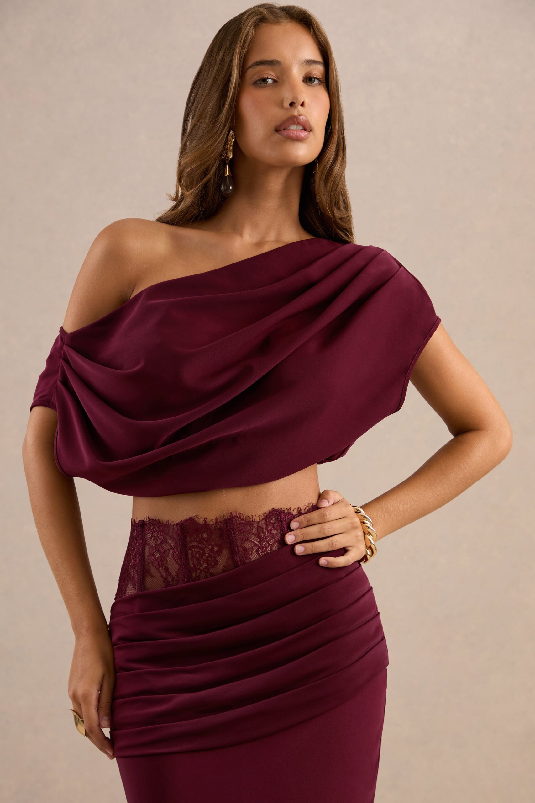 Club L London Yaselle | Burgundy Satin One Shoulder Short Sleeve Top With Draped Detailing And Tie Back - Image 2