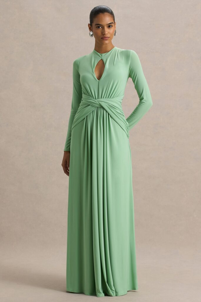 Club L London With Me | Green High-Neck Maxi Dress With Ruched Detailing - Image 1
