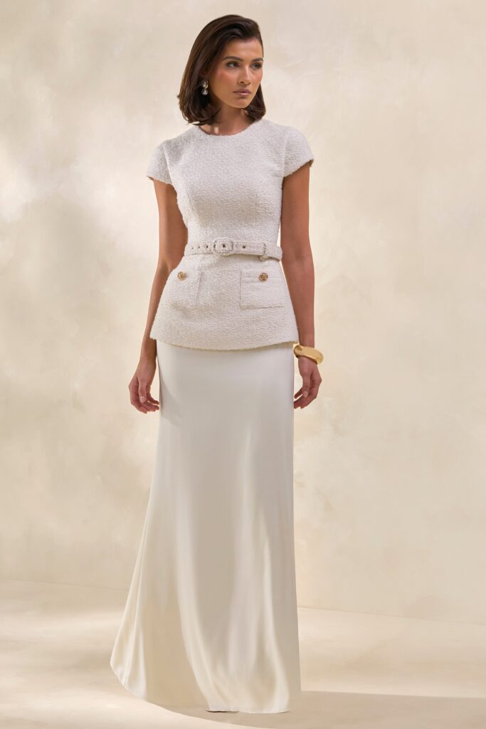 Club L London Whispera | Cream Round Neck Short Sleeve Maxi Dress With Satin Skirt And Pocket Detailing - Image 1