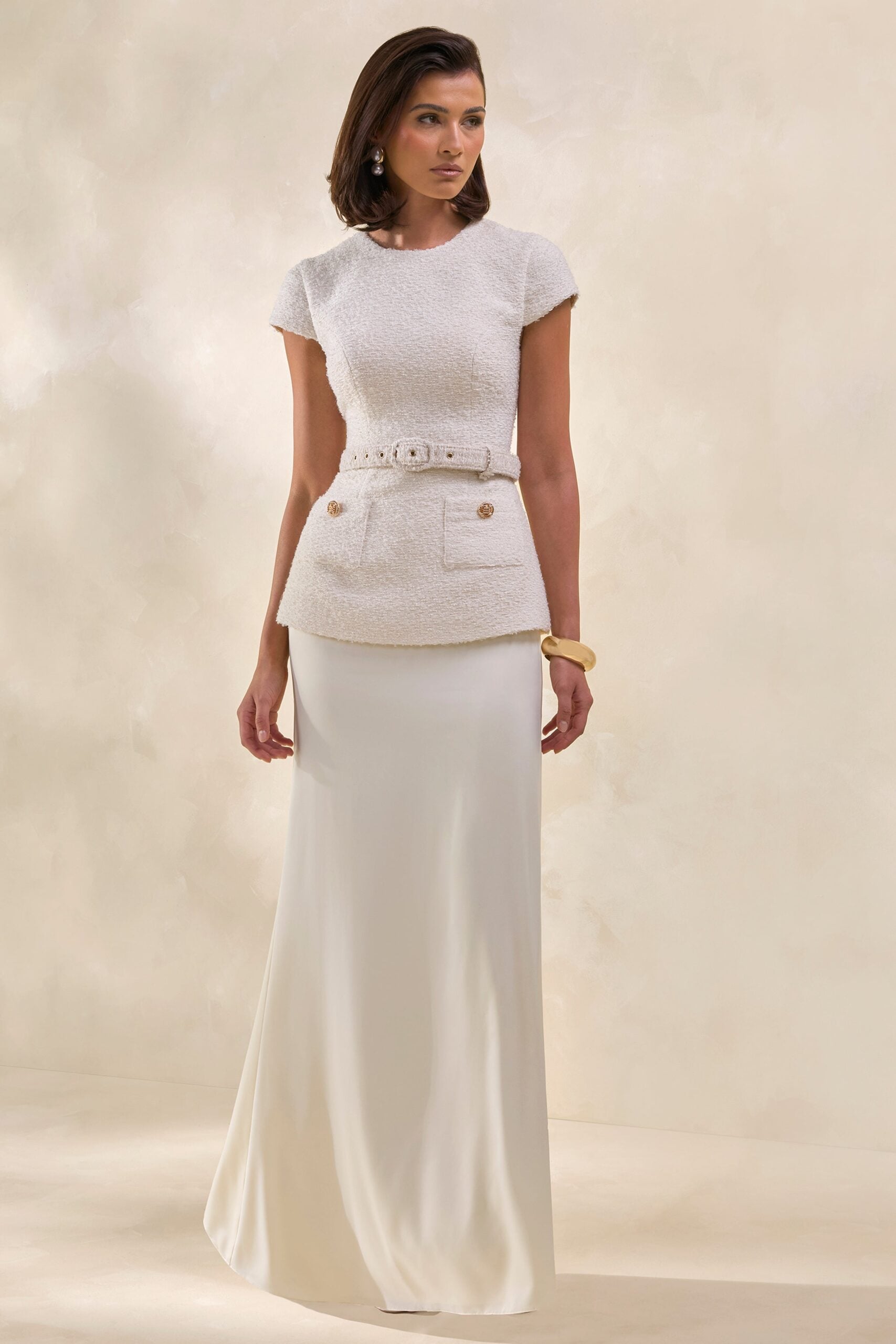 Club L London Whispera | Cream Round Neck Short Sleeve Maxi Dress With Satin Skirt And Pocket Detailing - Image 1