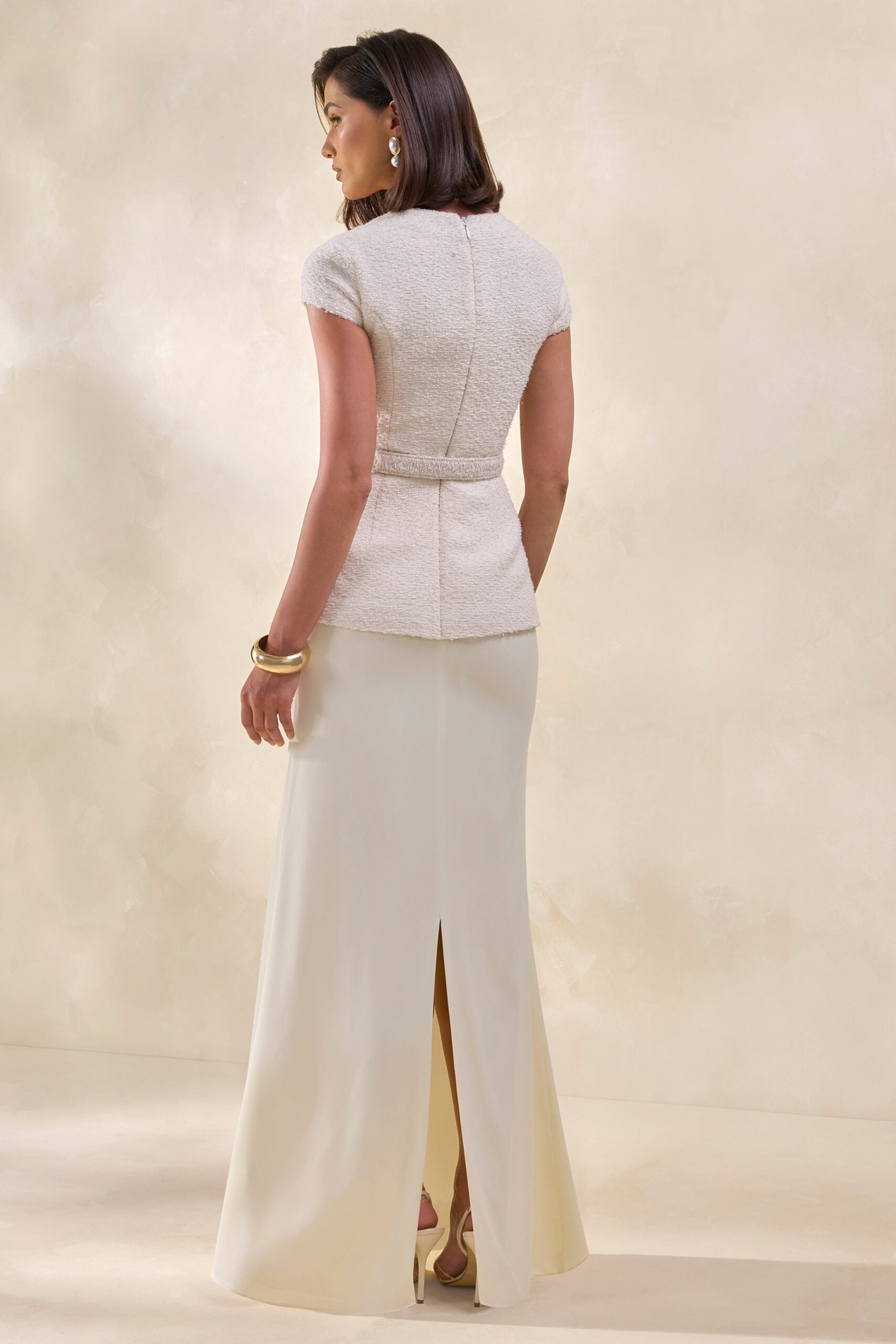 Club L London Whispera | Cream Round Neck Short Sleeve Maxi Dress With Satin Skirt And Pocket Detailing - Image 2
