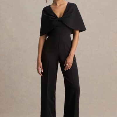 Club L London Vivid | Black Plunge-Neck Jumpsuit With Bow-Detail - Image 1