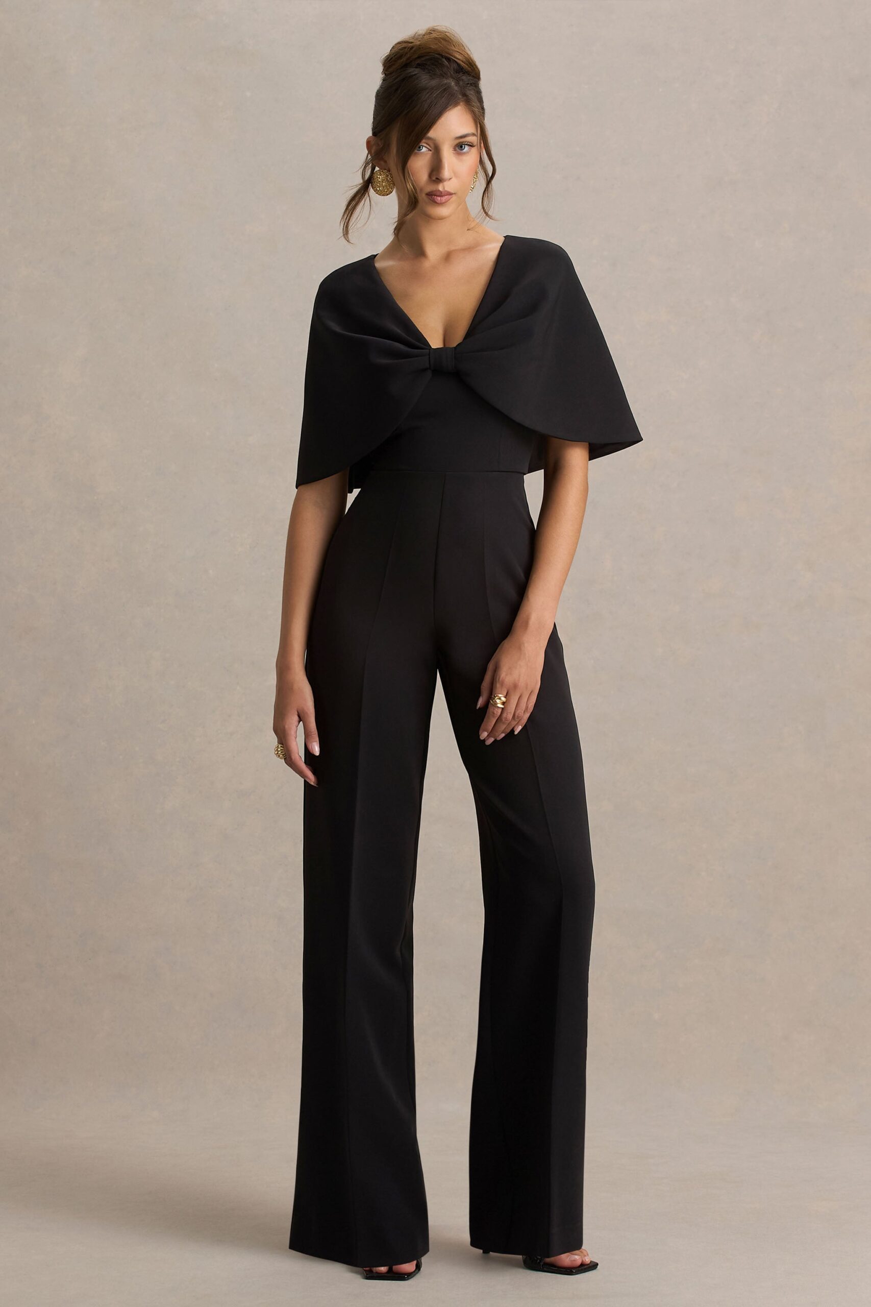 Club L London Vivid | Black Plunge-Neck Jumpsuit With Bow-Detail - Image 1