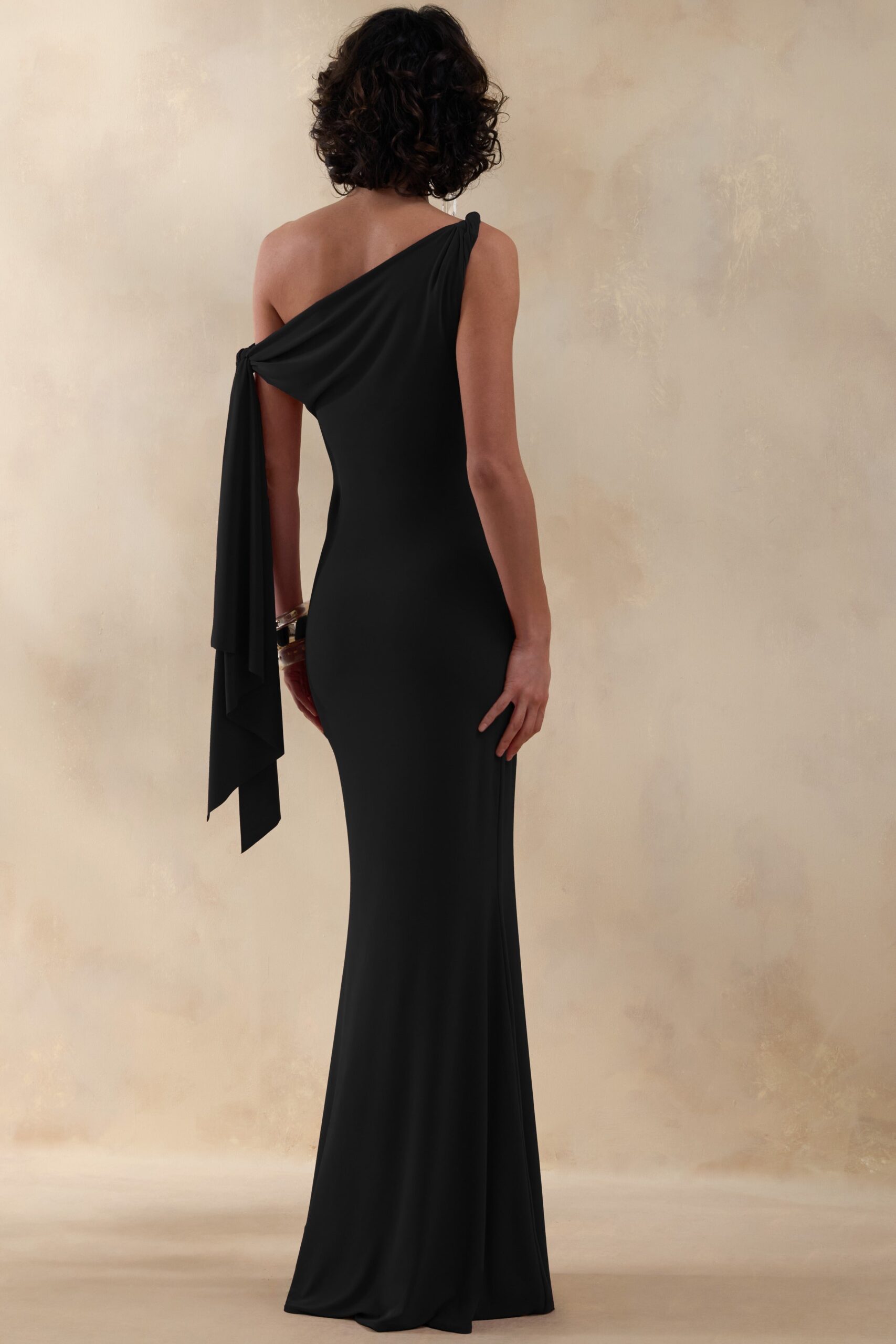 MNCLL131026150712056_2 Club L London Vista | Black Asymmetric-Neck Maxi Dress With Knot-Sleeve Detail - Image 2