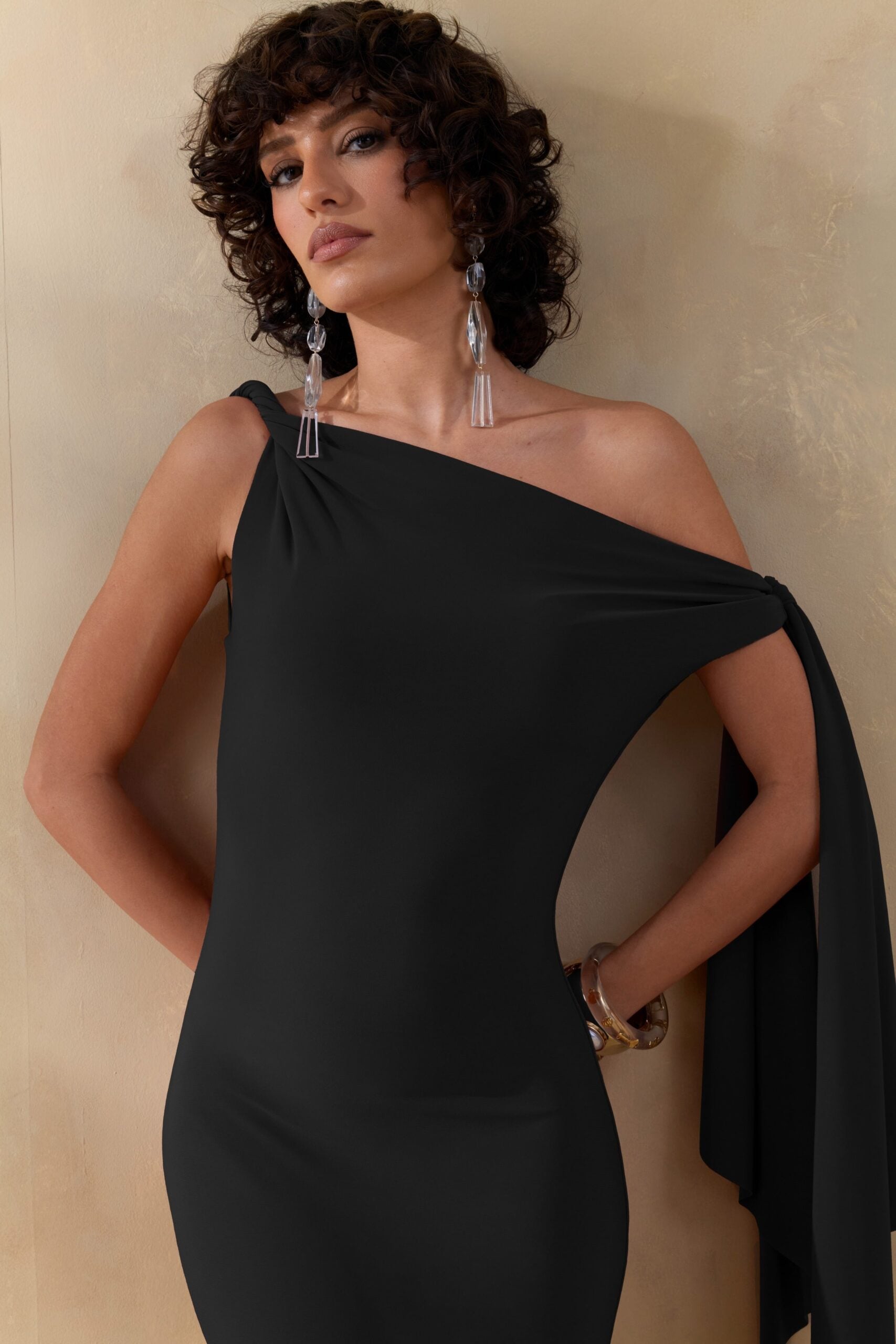 MNCLL131026150712056_3 Club L London Vista | Black Asymmetric-Neck Maxi Dress With Knot-Sleeve Detail - Image 3