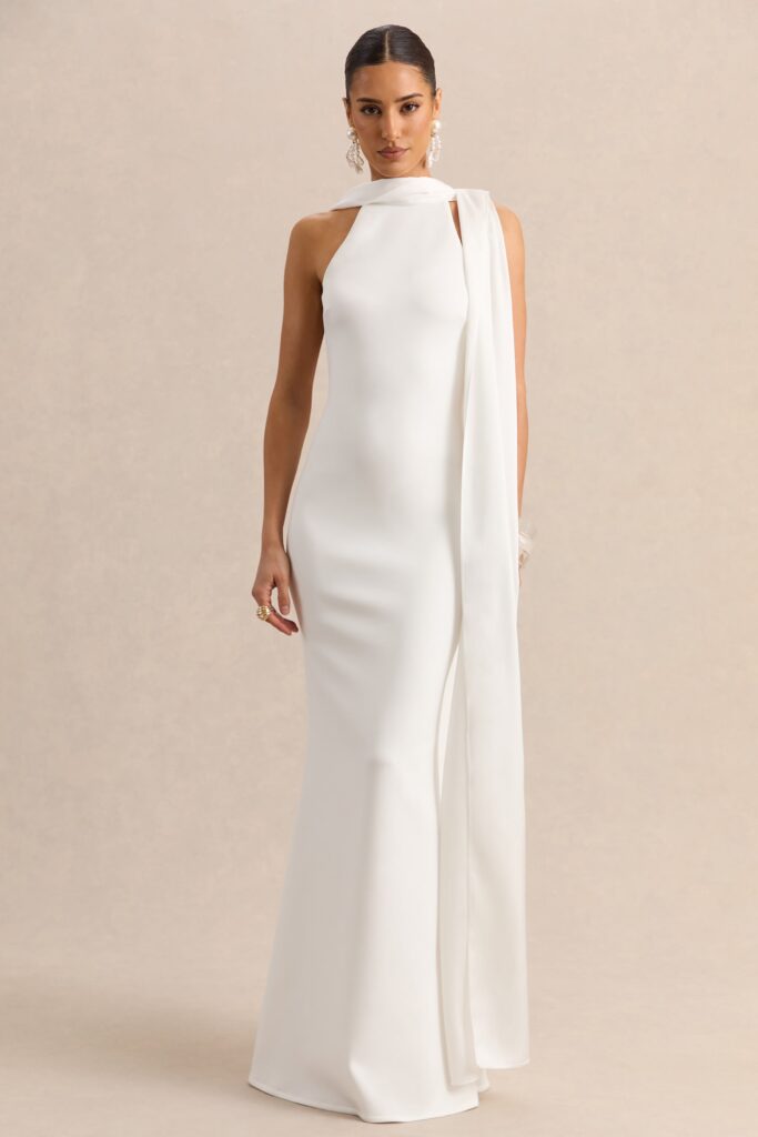 Club L London Vionette | White High-Neck Maxi Dress With Scarf - Image 1