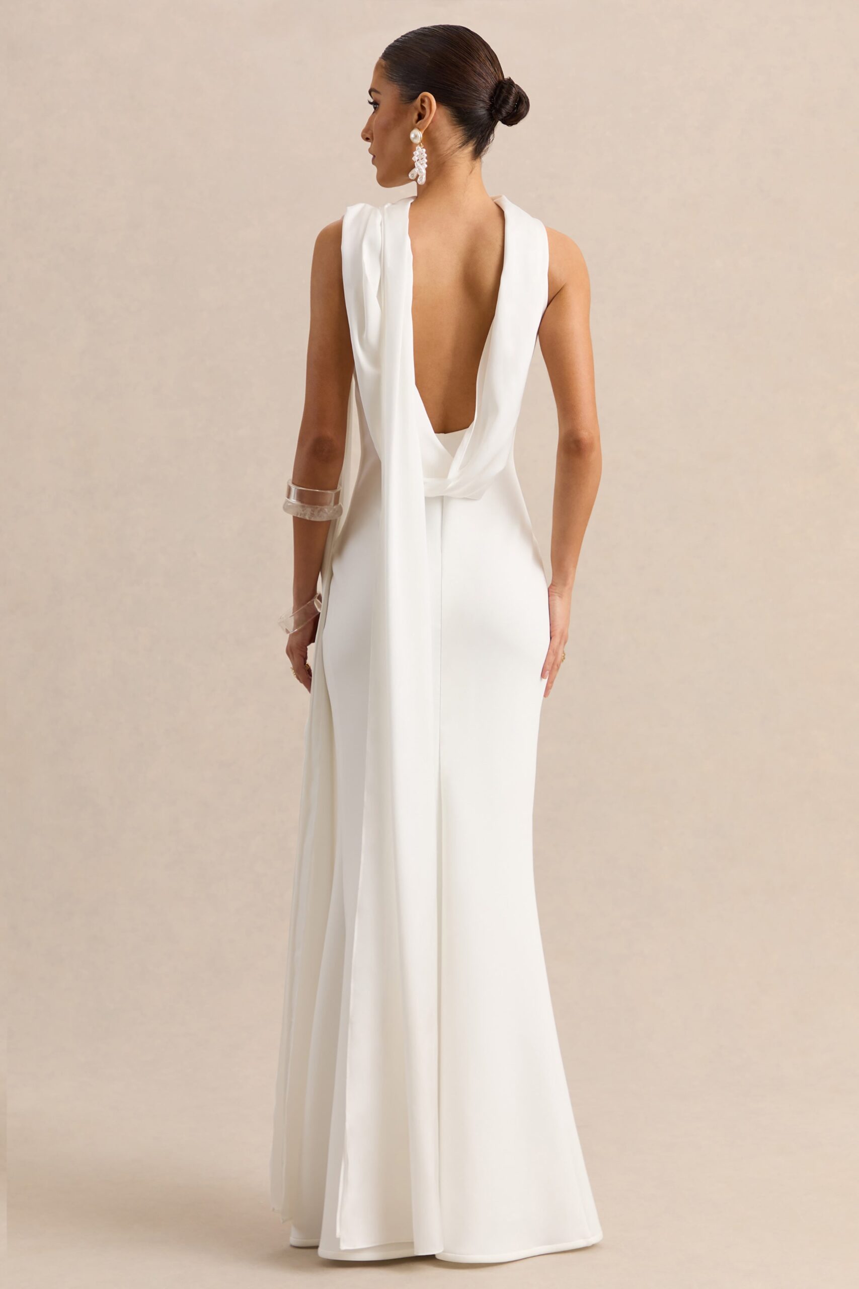 MNCLL131026150712073_2 Club L London Vionette | White High-Neck Maxi Dress With Scarf - Image 2