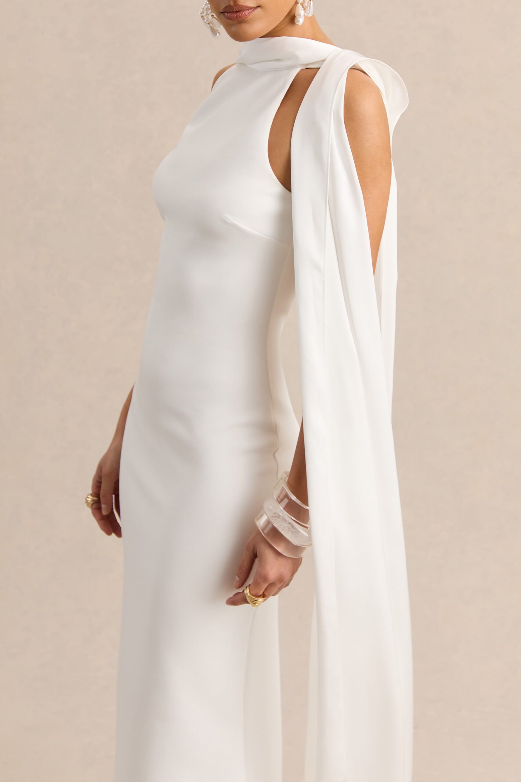 MNCLL131026150712073_3 Club L London Vionette | White High-Neck Maxi Dress With Scarf - Image 3