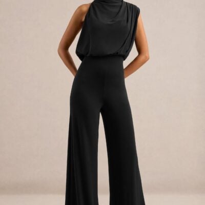 Club L London Vianista | Black High Neck Jumpsuit With Gathered Detailing - Image 1