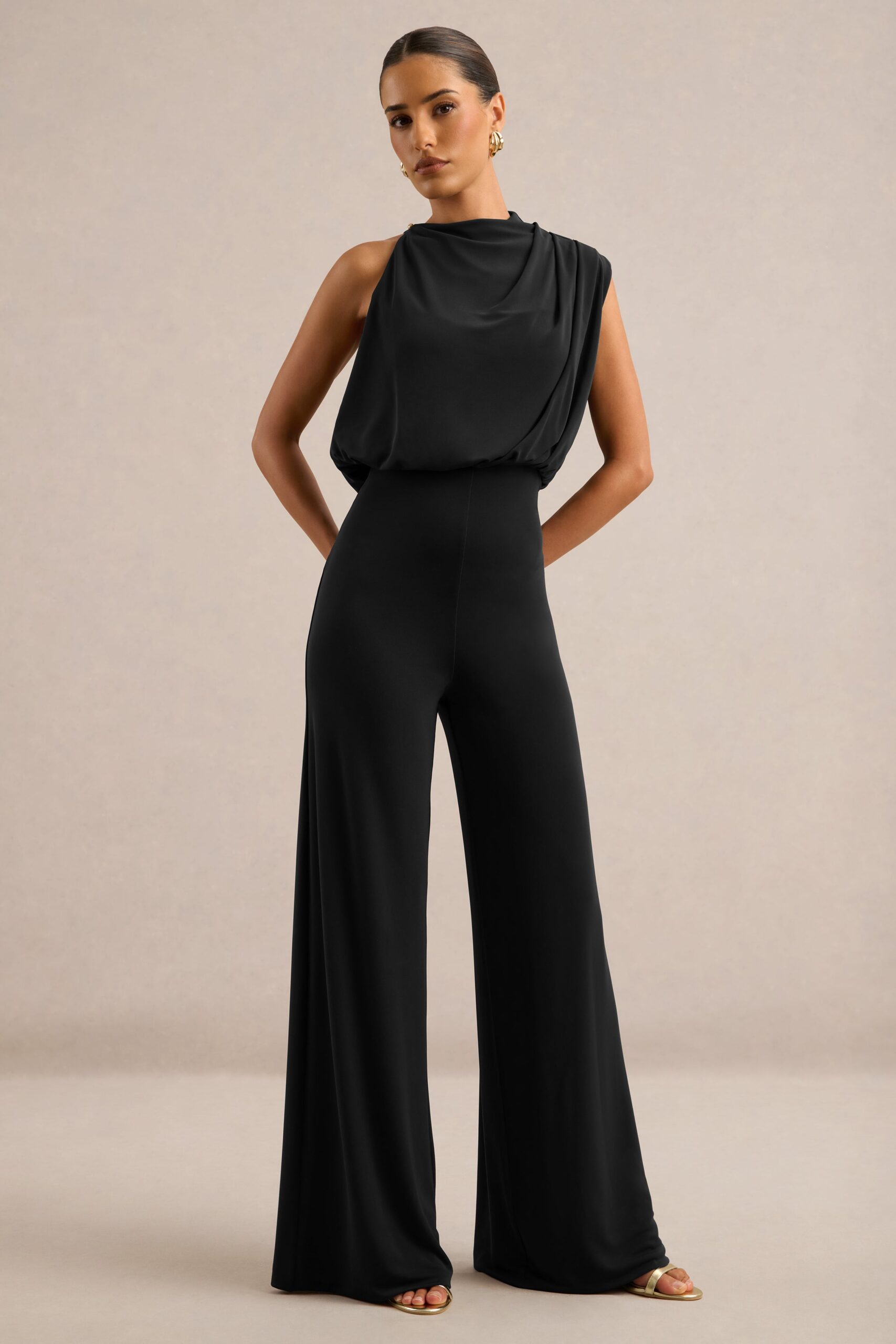 Club L London Vianista | Black High Neck Jumpsuit With Gathered Detailing - Image 1