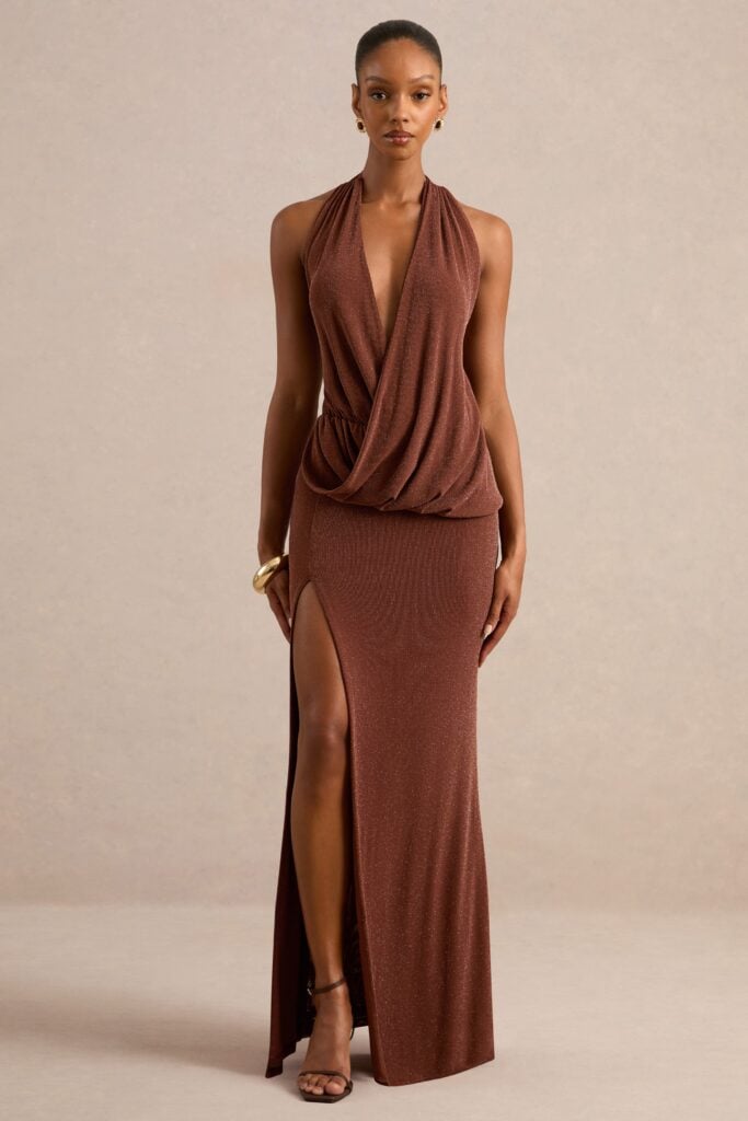 Club L London Velia | Brown Extreme Plunge-Neck Semi-Sheer Maxi Dress With Front High Split - Image 1