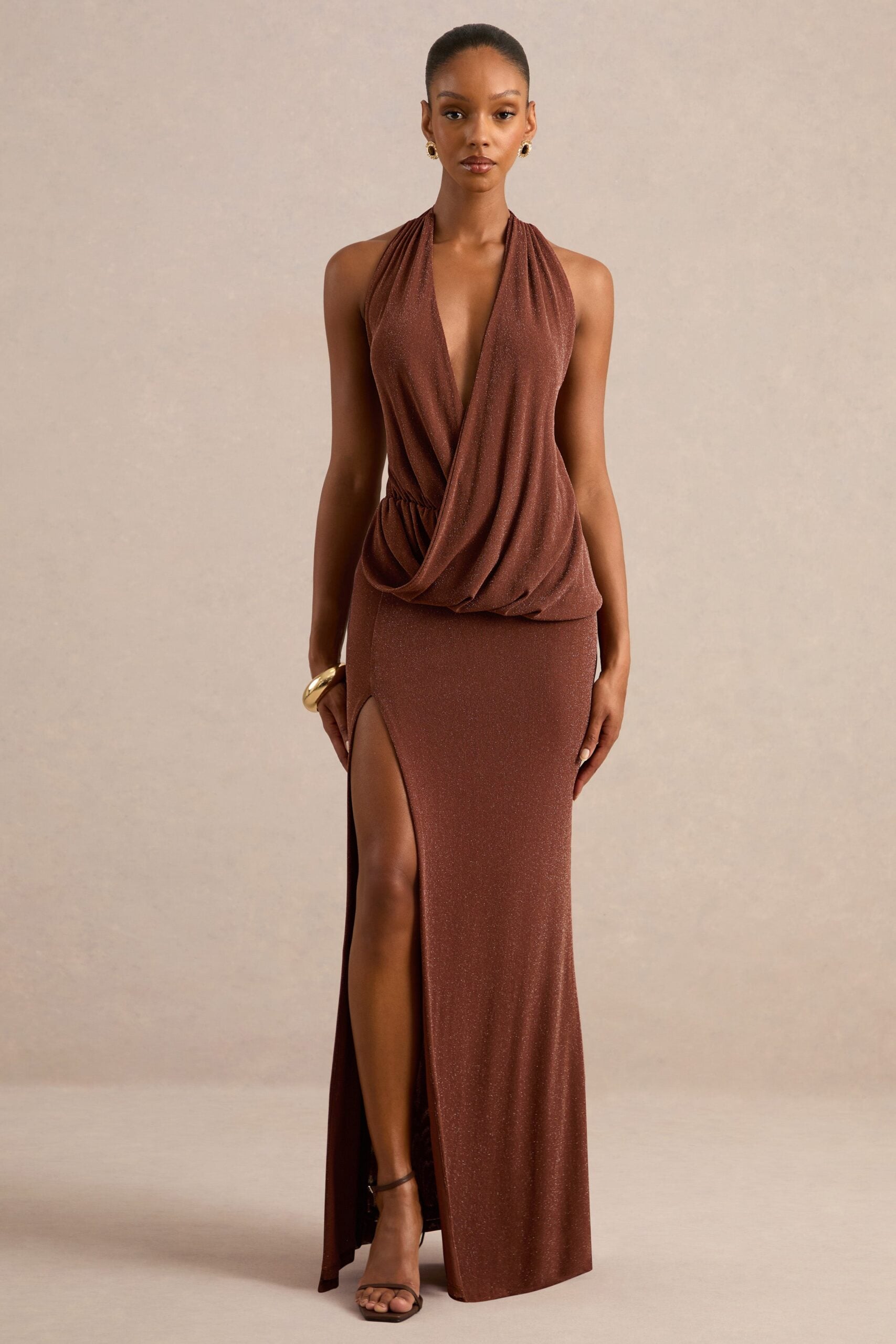 Club L London Velia | Brown Extreme Plunge-Neck Semi-Sheer Maxi Dress With Front High Split - Image 1