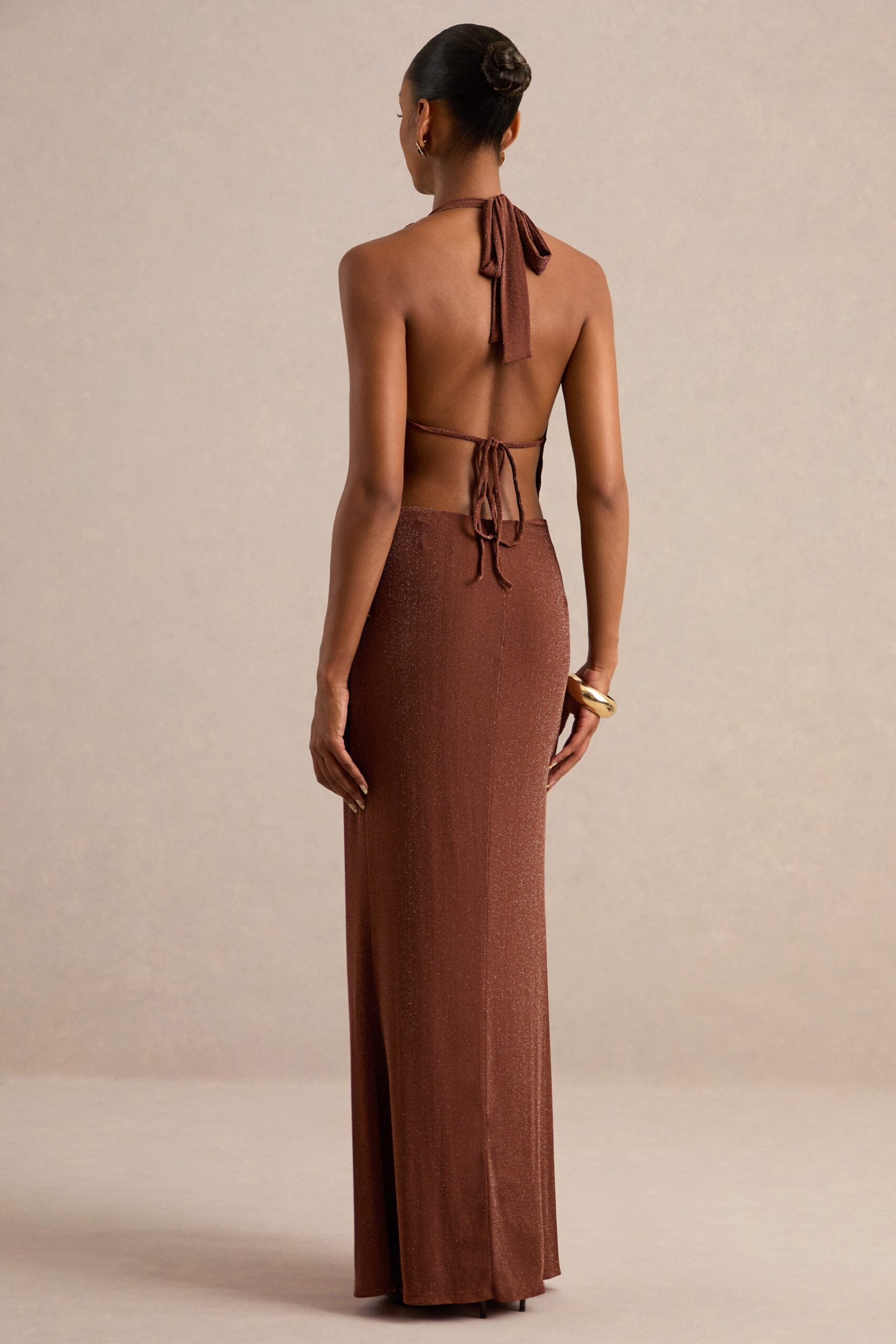 MNCLL131026150712112_2 Club L London Velia | Brown Extreme Plunge-Neck Semi-Sheer Maxi Dress With Front High Split - Image 2