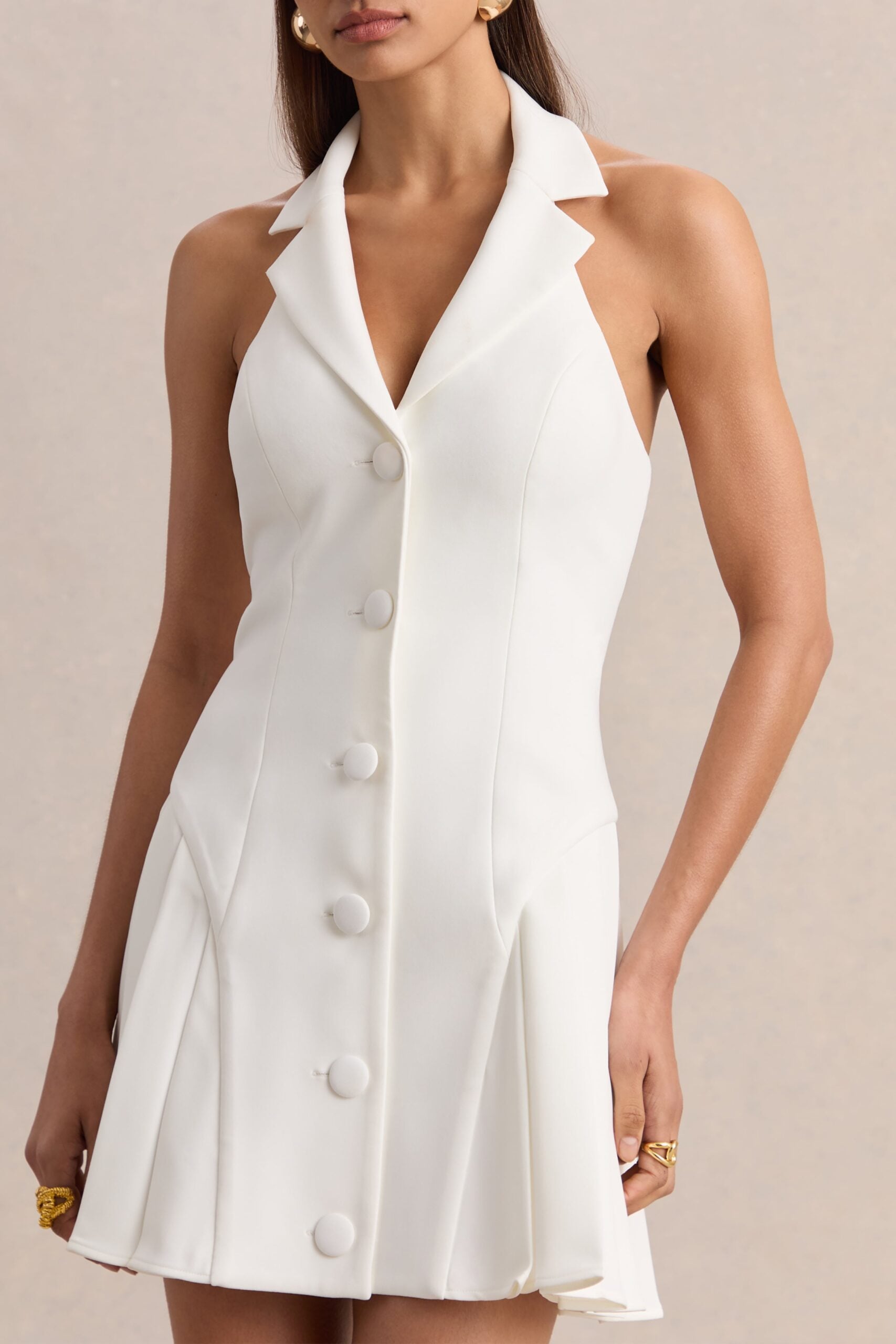 Club L London Valetta | White Plunge-Neck Tailored Mini Dress - Image 3