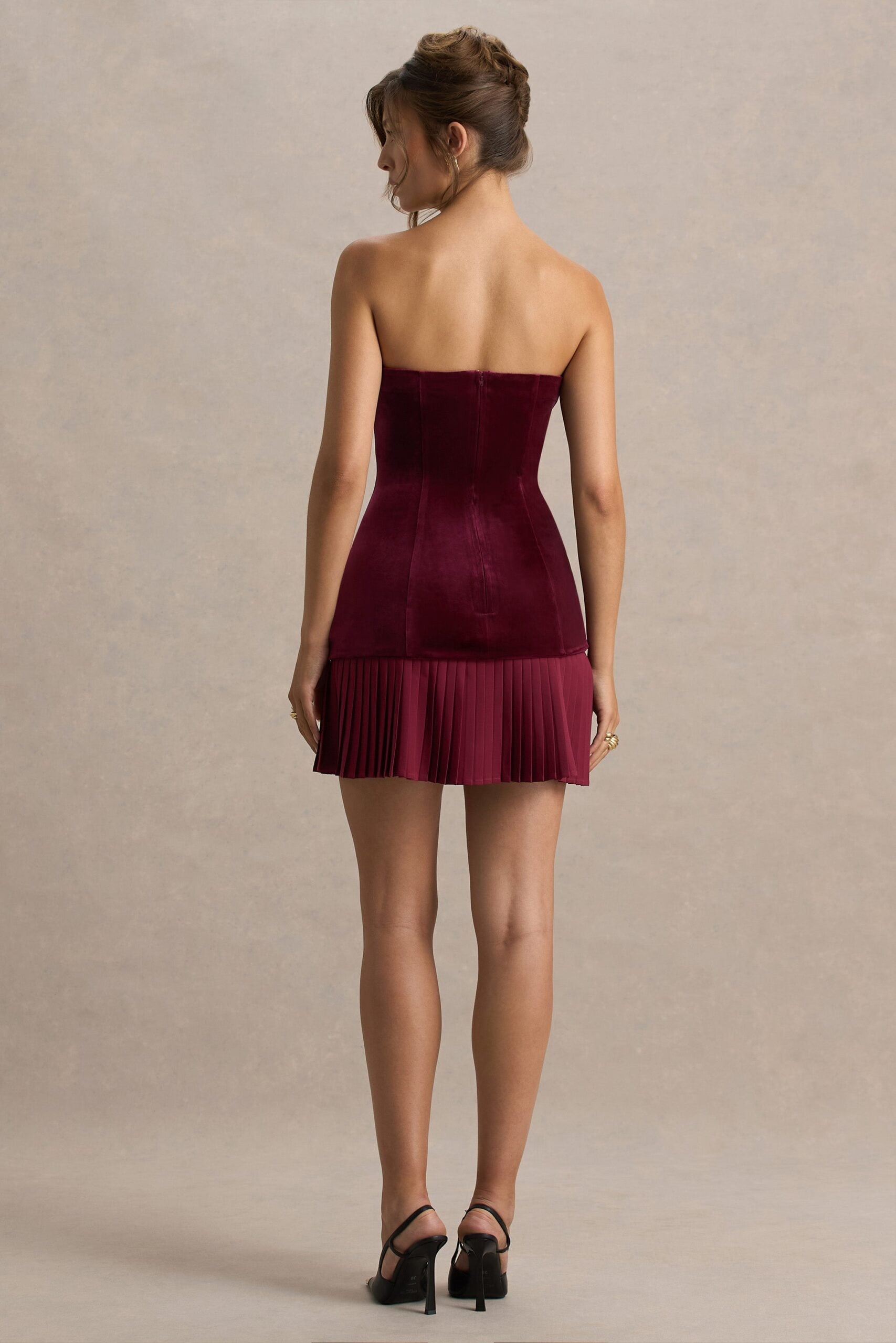 MNCLL131026150712142_2 Club L London Valentina | Burgundy Velvet Bandeau Mini Dress With Pleated Detailing - Image 2