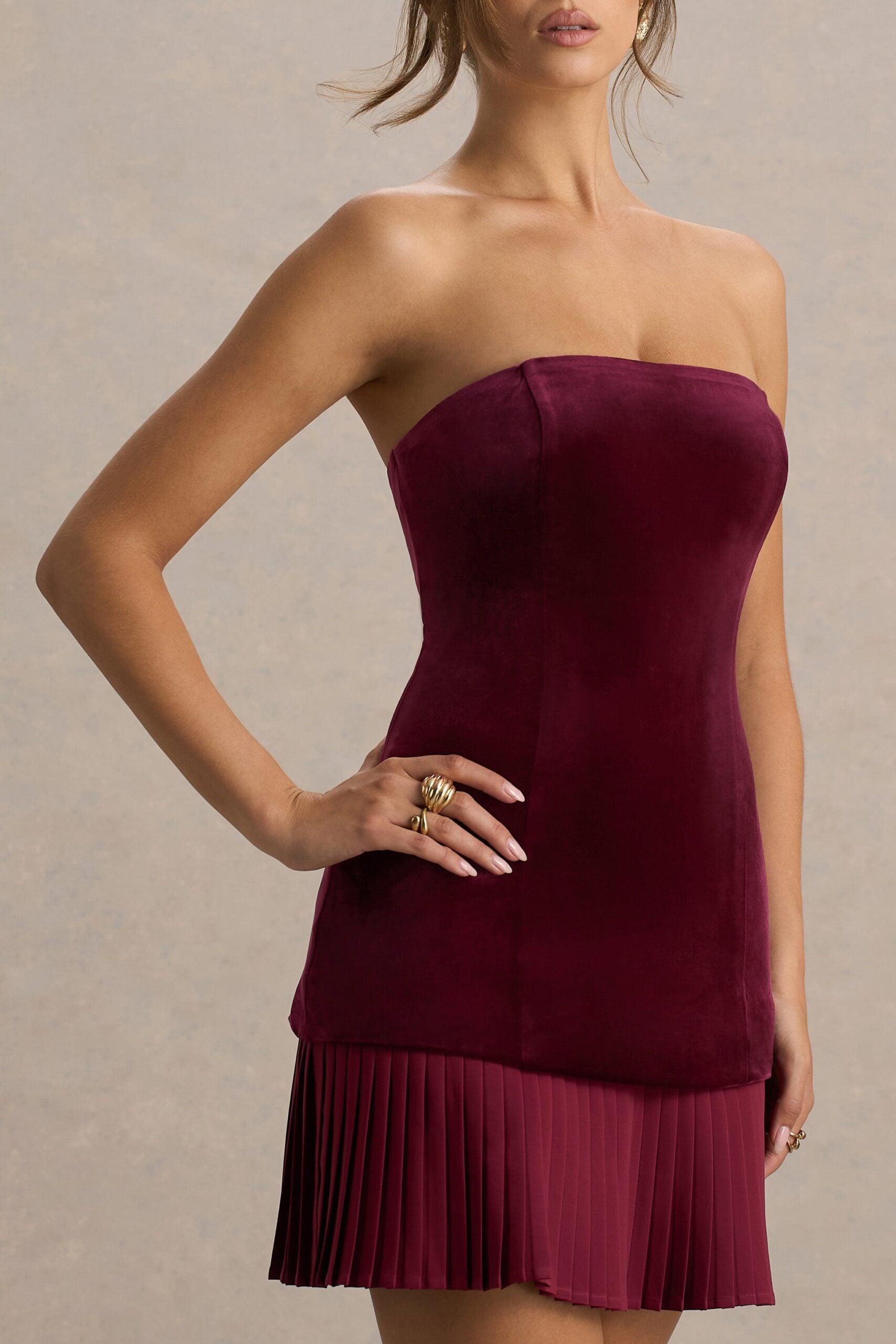 MNCLL131026150712142_3 Club L London Valentina | Burgundy Velvet Bandeau Mini Dress With Pleated Detailing - Image 3