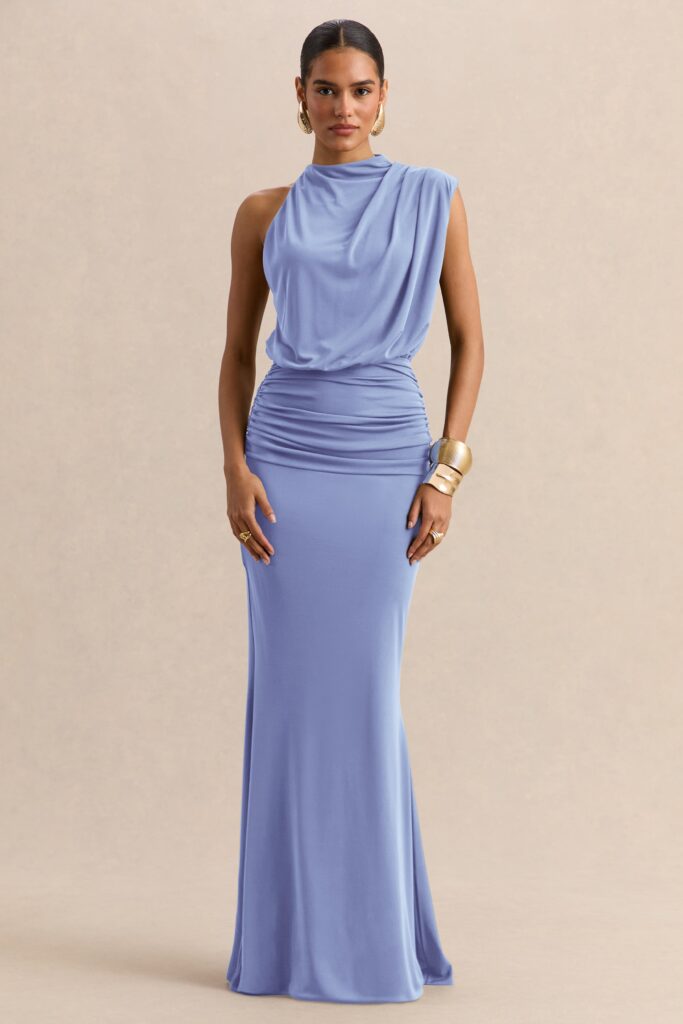 Club L London Umaira | Powder Blue Ruched High Neck Maxi Dress With Draped Detailing - Image 1